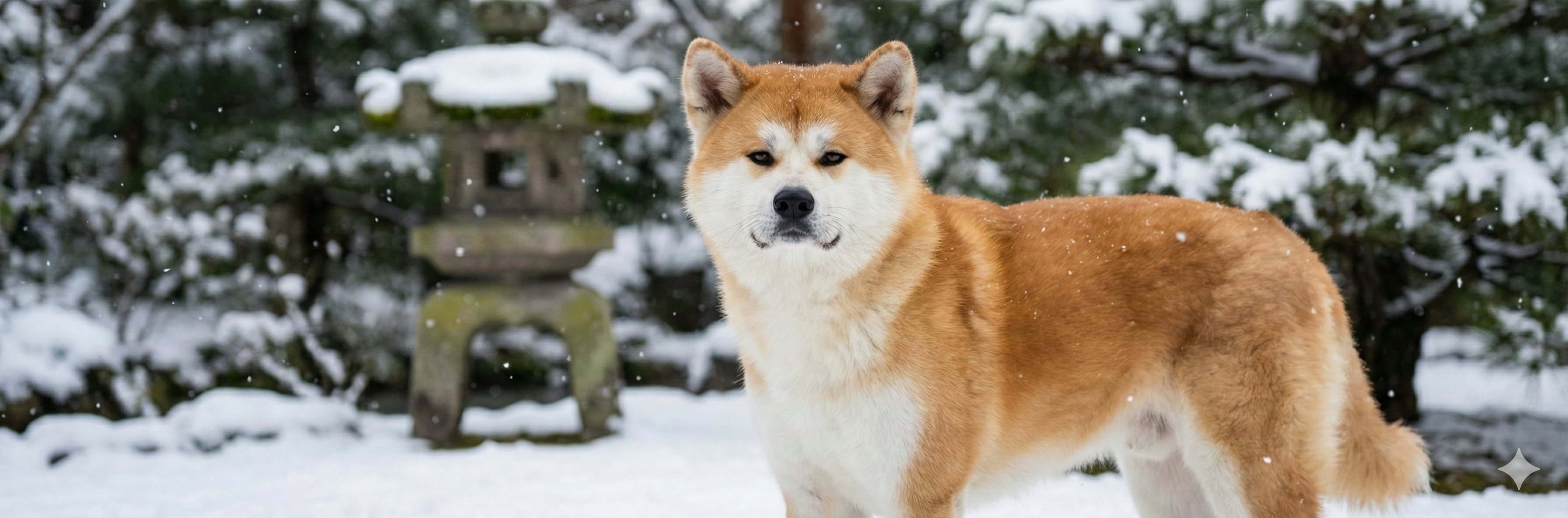 雪の日本庭園で威厳ある佇まいを見せる秋田犬