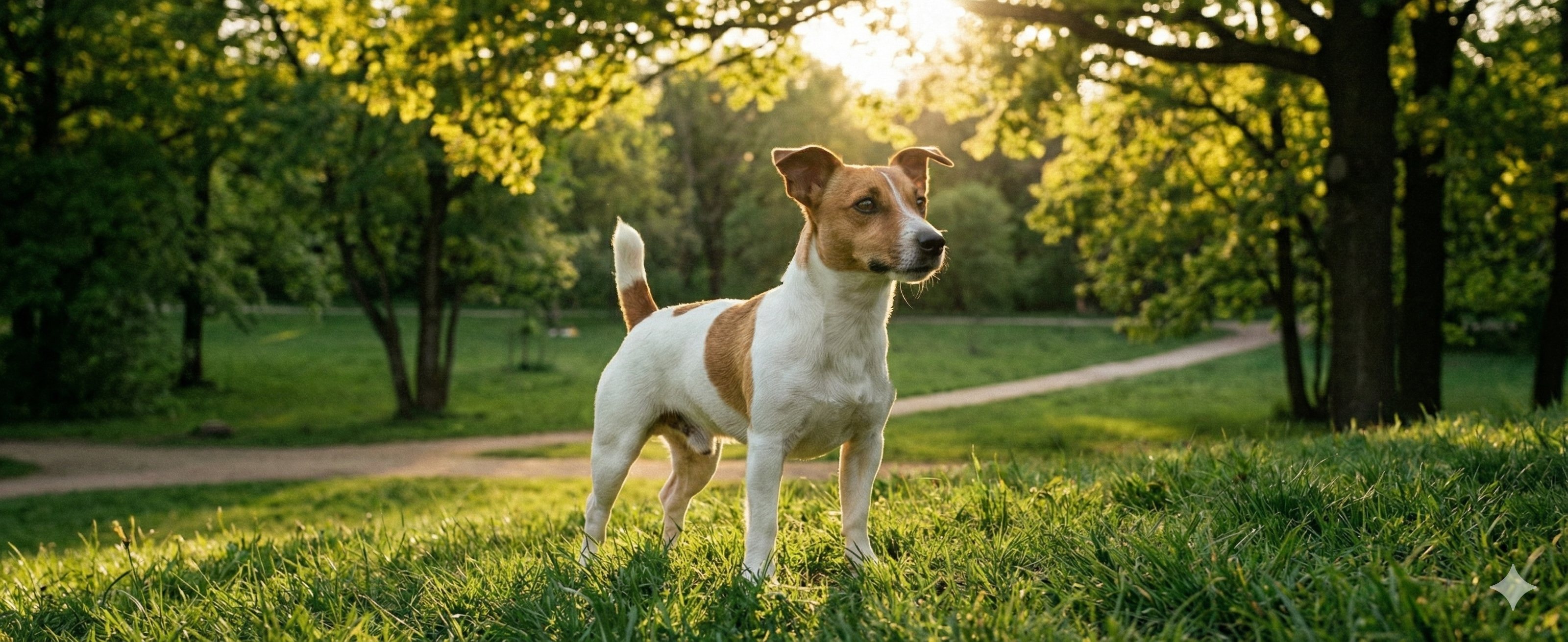 芝生の上で凛々しく立つジャック・ラッセル・テリア