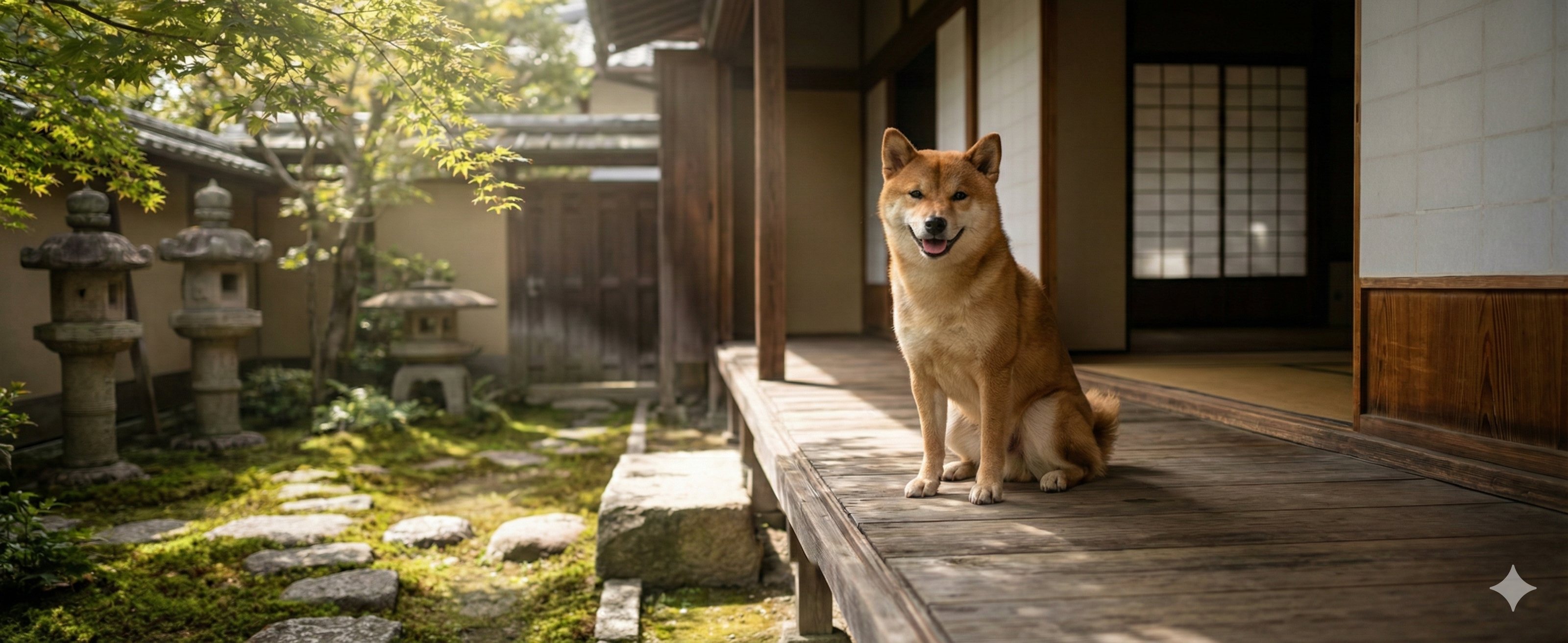 日本の縁側で微笑む豆柴