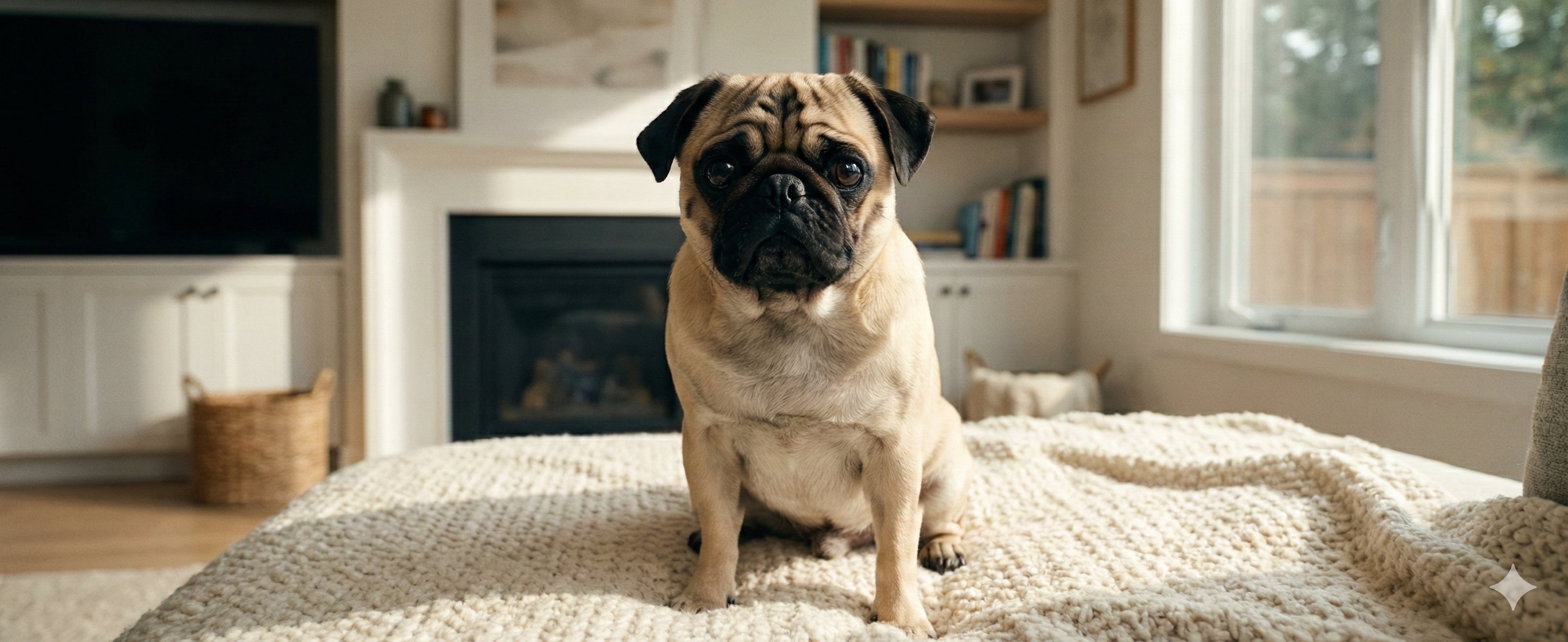 ユーモラスな困り顔のパグ