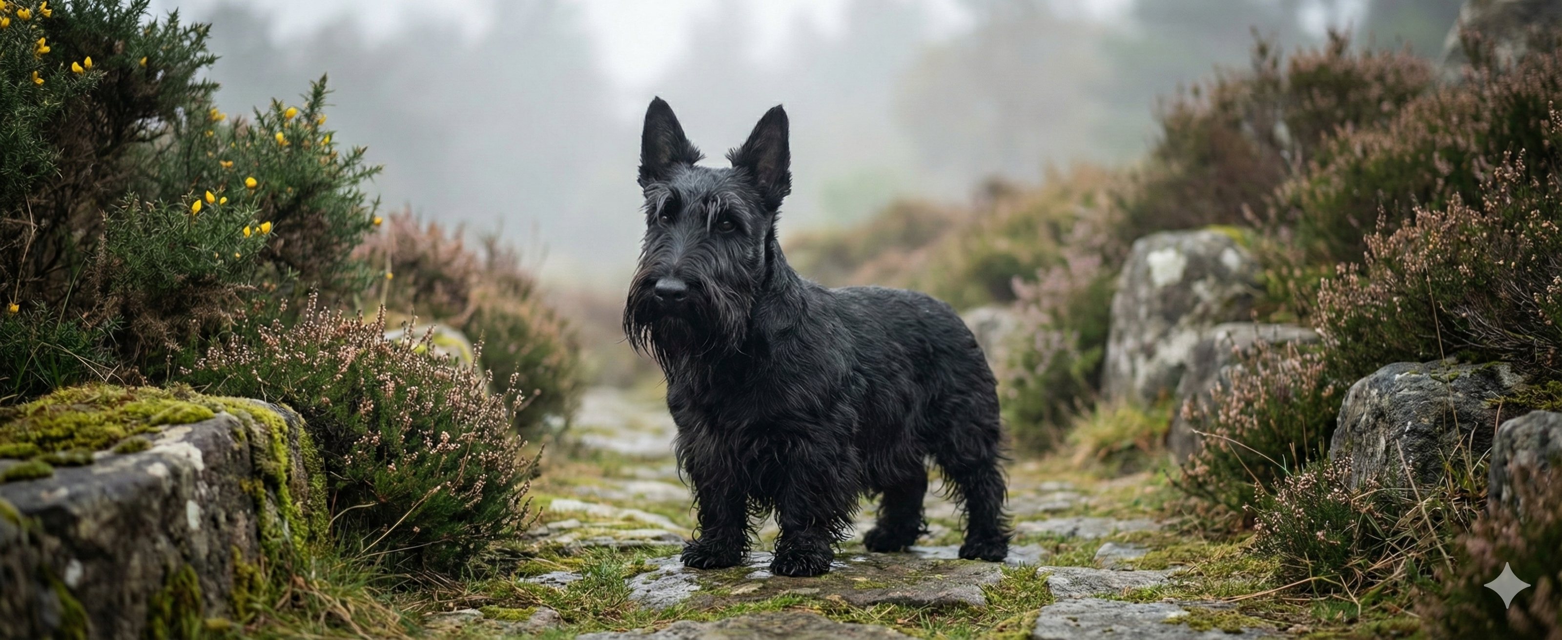 霧の中、威厳を持って立つスコティッシュ・テリア